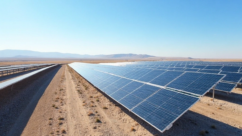 Солнечная электростанция с рядами панелей в степи