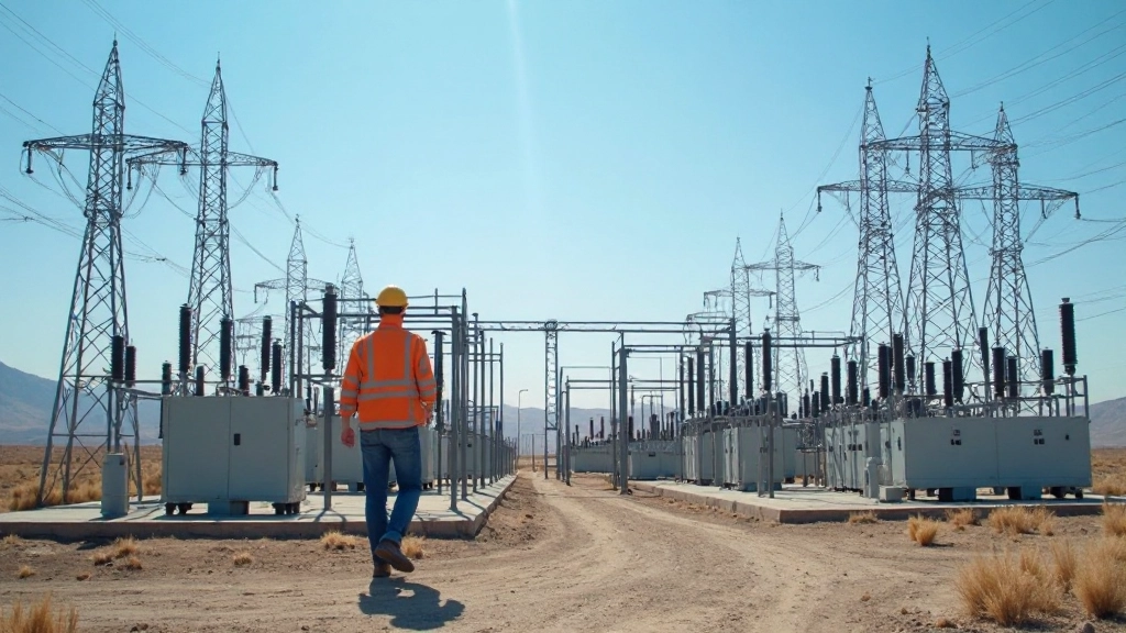 Современная электроподстанция с энергетическими линиями на фоне пейзажа Центральной Азии