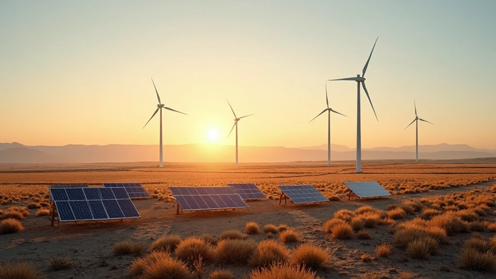 Солнечные панели и ветровые турбины на фоне казахстанского ландшафта